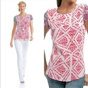 Cabi Coquette Sheer Keyhole Short Sleeve Shirt S Red Blue White M